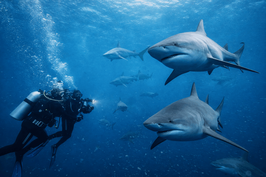 Sharks-and-divers-in-deep-blue-ocean Protea Banks