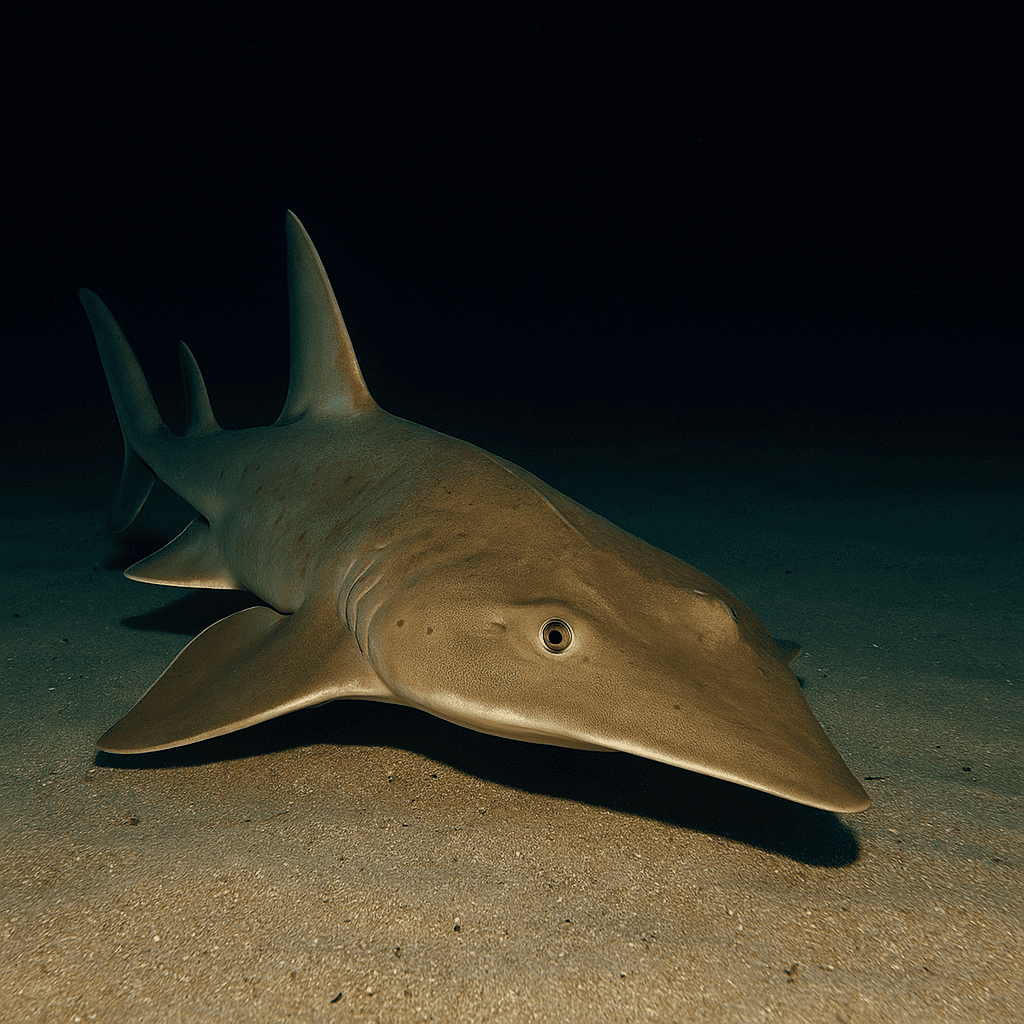 Protea-Banks-guitar-shark resting on the sandy ocean floor in darkness, showcasing its streamlined body and fins.