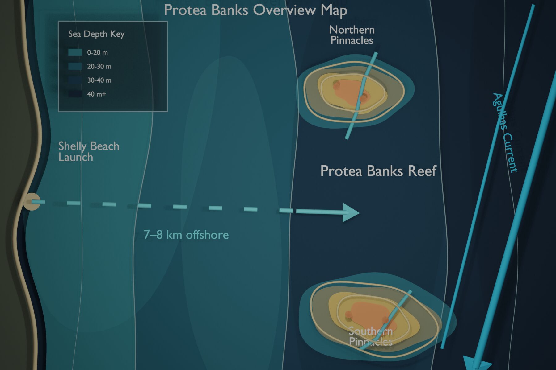 Protea Banks overview dive map showing Shelly Beach launch, Northern Pinnacles, Southern Pinnacles, sea depth zones and Agulhas Current